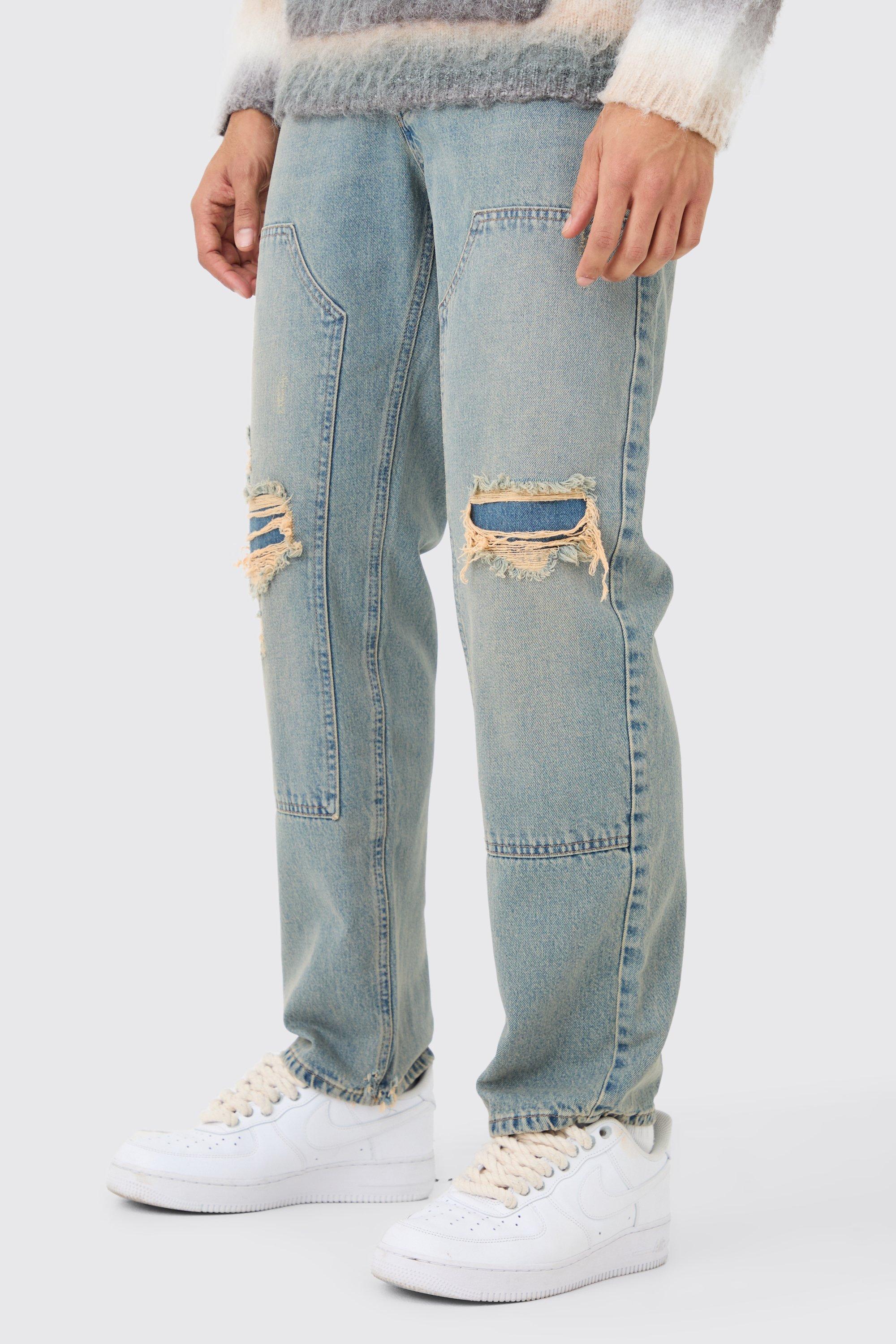 Mens Relaxed Rigid Ripped Carpenter Jeans In Vintage Blue, Blue